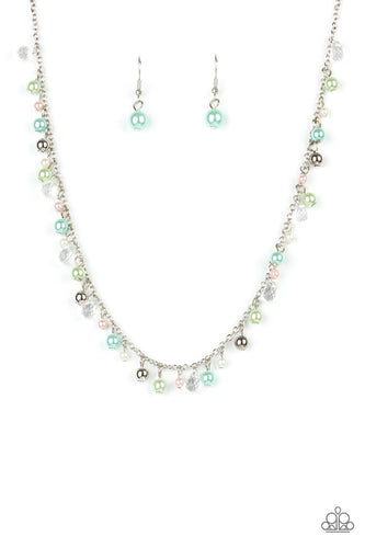 Soft pastel pearls in Green Ash, New Blue, and Baby Pink dangle alongside dainty silver and faceted glass beads as they float gracefully below the collar on a silver chain. Features an adjustable clasp closure. 