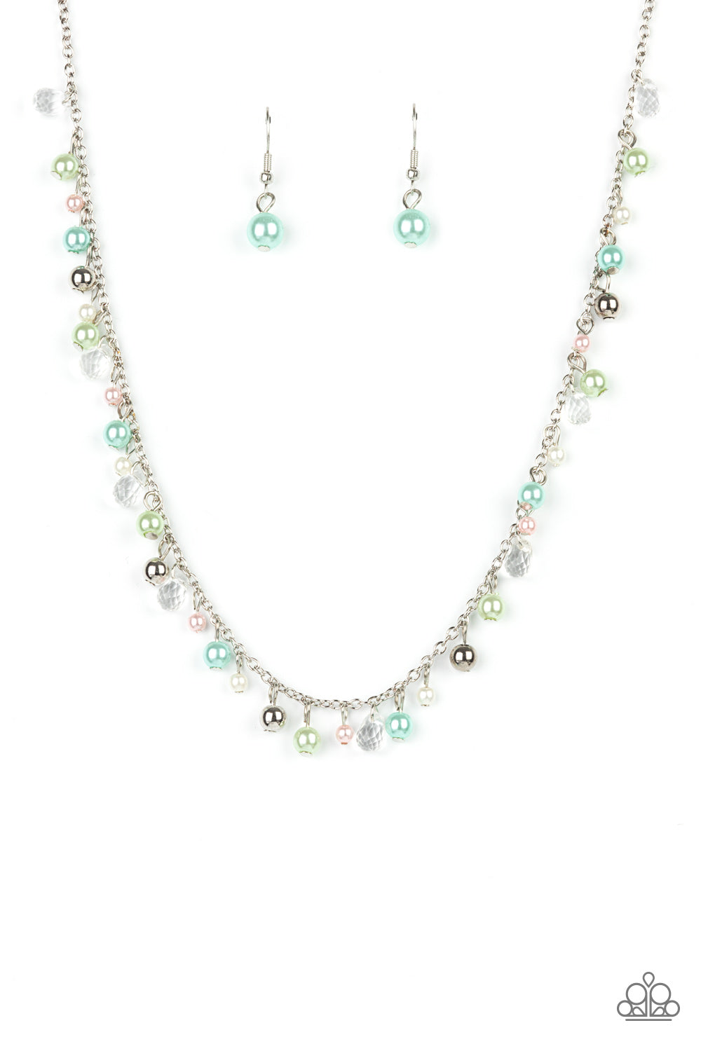 Soft pastel pearls in Green Ash, New Blue, and Baby Pink dangle alongside dainty silver and faceted glass beads as they float gracefully below the collar on a silver chain. Features an adjustable clasp closure. 