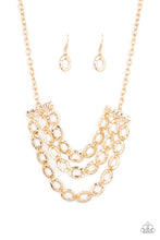 Load image into Gallery viewer, Three rows of gold chains with oversized hammered oval links attach to gold bars for an edgy display below the collar. Features an adjustable clasp closure.
