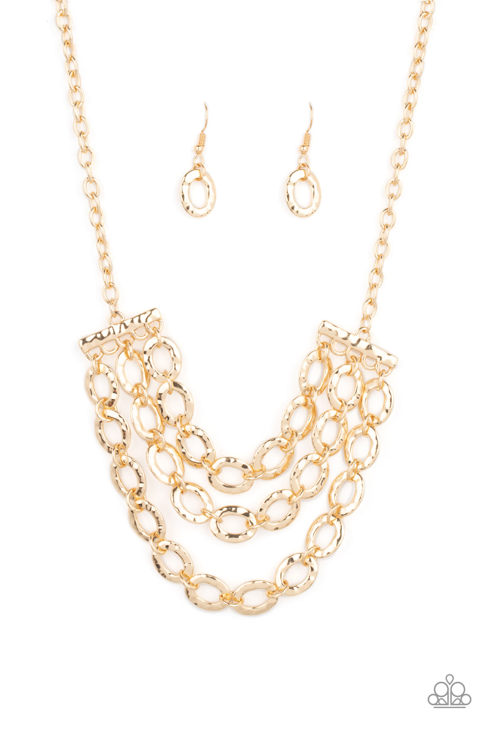 Three rows of gold chains with oversized hammered oval links attach to gold bars for an edgy display below the collar. Features an adjustable clasp closure.