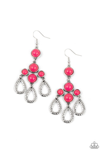 A cluster of bubbly pink opaque beaded frames give way to hammered silver teardrops, creating a mystical fringe. Earring attaches to a standard fishhook fitting.