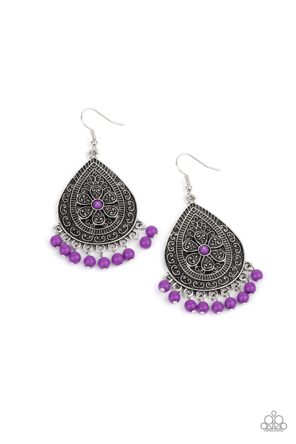 Dotted with a dainty Amethyst Orchid bead, a silver flower is surrounded by an antiqued silver filigree teardrop frame. A row of Amethyst Orchid beads at the bottom of the teardrop adds color and fun for a playful look. Earring attaches to a standard fishhook fitting.