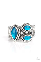 Load image into Gallery viewer, A trio of glassy blue marquise beads embellish the front of a hammered silver band etched in faux layers, creating an ethereal display atop the finger. Features a stretchy band for a flexible fit.
