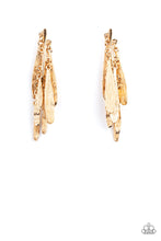 Load image into Gallery viewer, Textured petal-like plumes cluster around a curved gold bar and dance in an unexpected funky fringe below the ear. Earring attaches to a standard post fitting.
