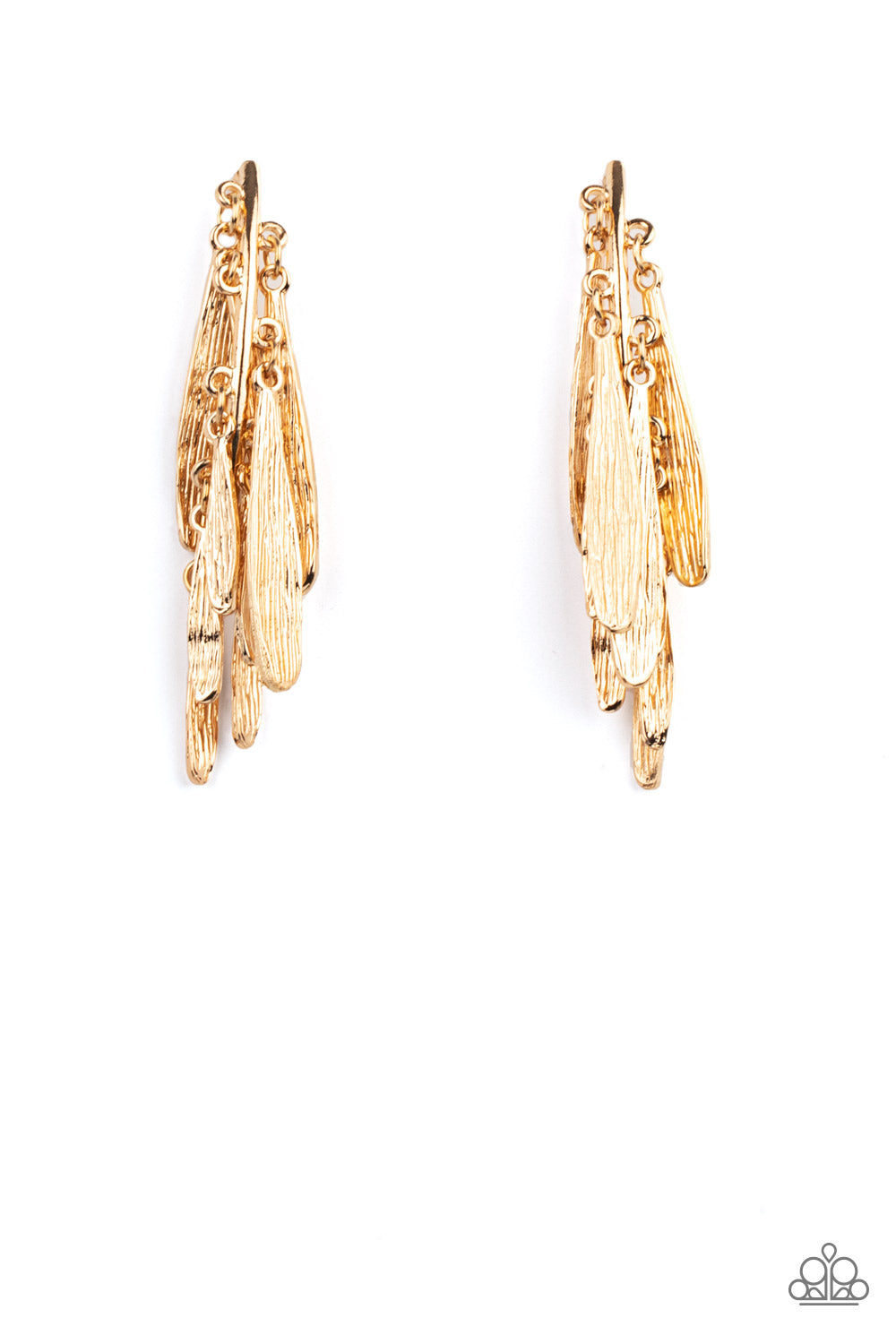 Textured petal-like plumes cluster around a curved gold bar and dance in an unexpected funky fringe below the ear. Earring attaches to a standard post fitting.