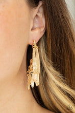 Load image into Gallery viewer, Textured petal-like plumes cluster around a curved gold bar and dance in an unexpected funky fringe below the ear. Earring attaches to a standard post fitting.
