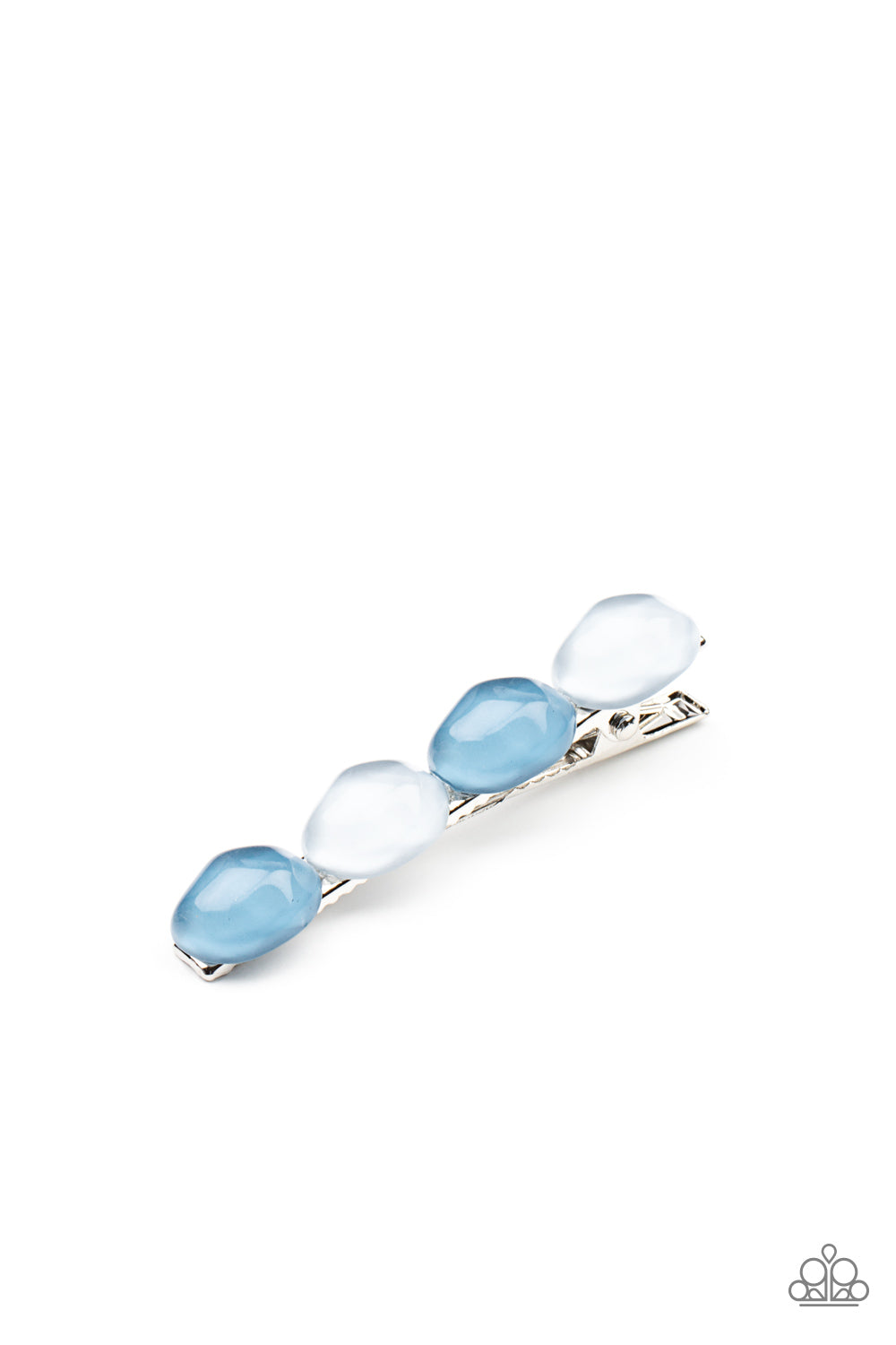 Featuring light-scattering refractions, asymmetrical French Blue and Cerulean glassy pebble-like beads adorn the front of a classic bobby pin.