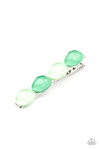 Featuring light-scattering refractions, asymmetrical Mint and Green Ash glassy pebble-like beads adorn the front of a classic bobby pin. 