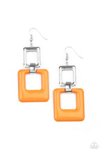 Load image into Gallery viewer, A cutout square painted in the bold Pantone® of Marigold sways from a shiny silver cutout square for a playful finish. Earring attaches to a standard fishhook fitting.
