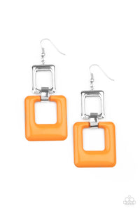 A cutout square painted in the bold Pantone® of Marigold sways from a shiny silver cutout square for a playful finish. Earring attaches to a standard fishhook fitting.