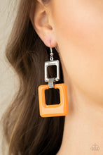 Load image into Gallery viewer, A cutout square painted in the bold Pantone® of Marigold sways from a shiny silver cutout square for a playful finish. Earring attaches to a standard fishhook fitting.
