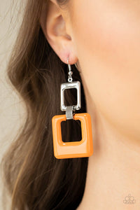 A cutout square painted in the bold Pantone® of Marigold sways from a shiny silver cutout square for a playful finish. Earring attaches to a standard fishhook fitting.