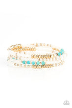 Load image into Gallery viewer, Sections of pearly white seed beads alternate with gold, turquoise, and crystal-like beads in infinite rows. The dreamy colors are threaded along a continuous strand of wire for an infinity wrap-style bracelet around the wrist
