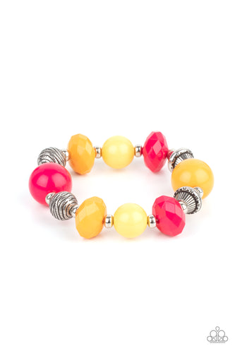 A collection of brightly colored Raspberry Sorbet, Marigold, and Primrose beads in smooth round and faceted shapes, are threaded along a stretchy band. Accents of silver beads etched in linear designs adds a down to earth finish to the whimsical bracelet.