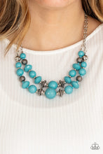 Load image into Gallery viewer, Bold yet whimsical, Blue Tint beads alternate with silver beads etched in a linear pattern along two strands for a vibrant statement below the collar. Features an adjustable clasp closure.
