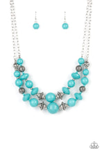 Load image into Gallery viewer, Bold yet whimsical, Blue Tint beads alternate with silver beads etched in a linear pattern along two strands for a vibrant statement below the collar. Features an adjustable clasp closure.
