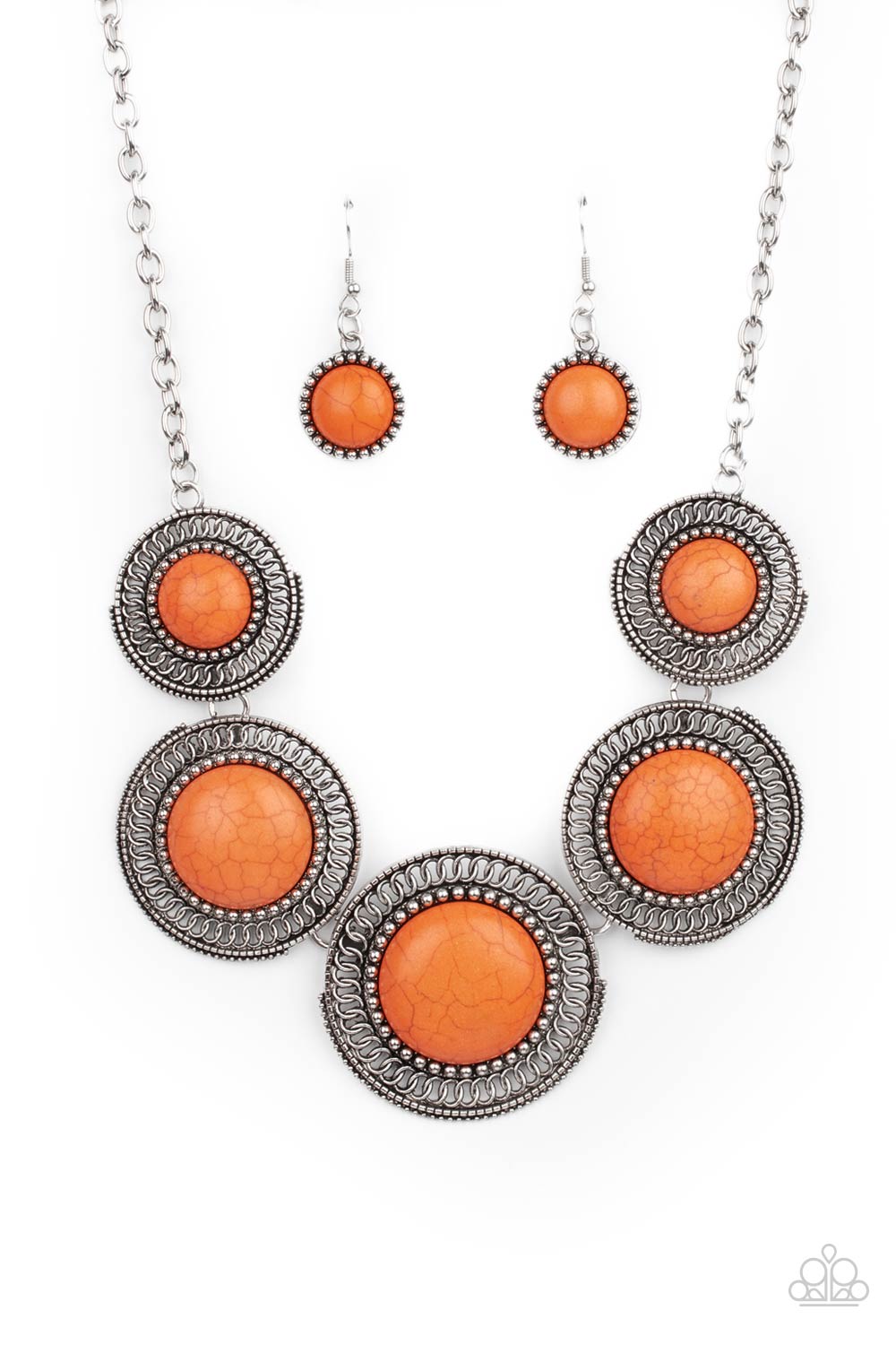 Earthy orange stones, pressed into round antiqued silver frames featuring dot and interlinking loop motifs, create a dramatically rustic statement as they link across the collar. Features an adjustable clasp closure.