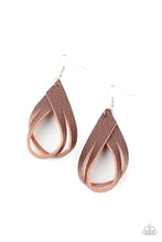 Load image into Gallery viewer, A piece of rustic brown leather is spliced into strands that delicately loop into an earthy frame. Earring attaches to a standard fishhook fitting.
