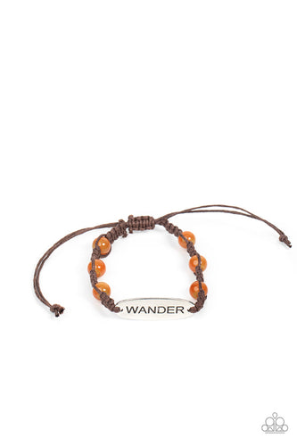 Glassy peach cat's eye stone beads are knotted in place along a strand of braided brown cording that attaches to a silver centerpiece stamped in the word, 