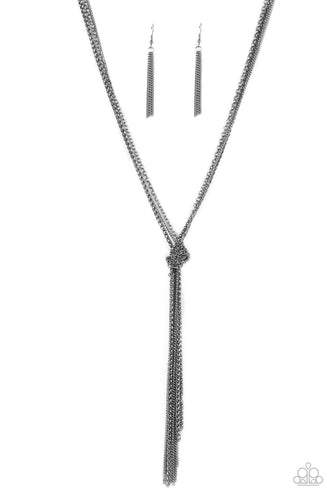 Strands of long glistening gunmetal chains in round, delicate, and classic styles are pulled together in a sassy knot creating a show-stopping fringe pendant tassel and a flirty finish. Features an adjustable clasp closure. 