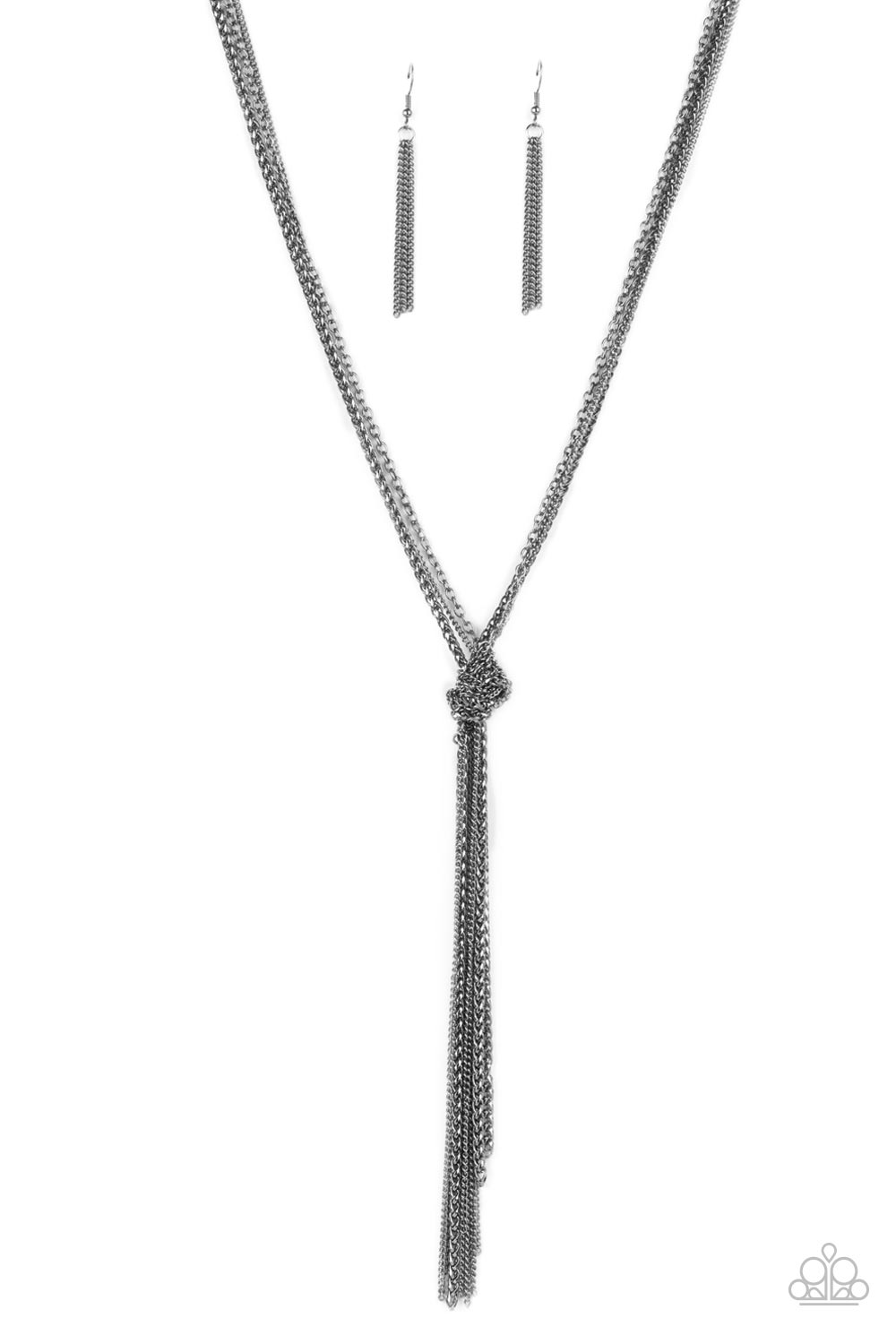 Strands of long glistening gunmetal chains in round, delicate, and classic styles are pulled together in a sassy knot creating a show-stopping fringe pendant tassel and a flirty finish. Features an adjustable clasp closure. 