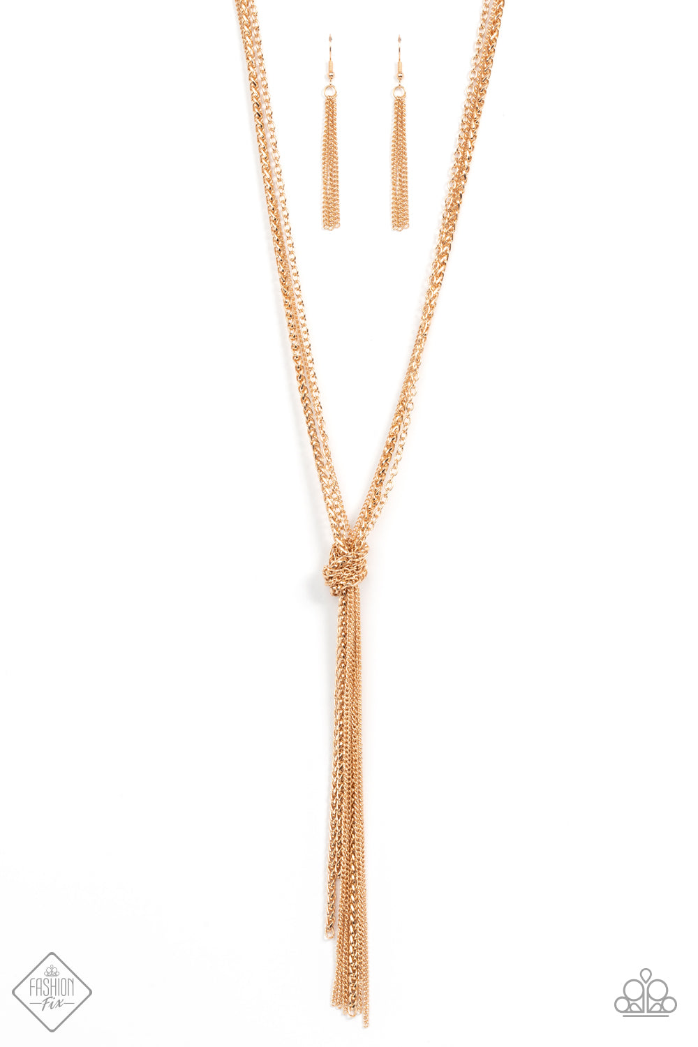 Strands of long glistening gold chains in round, delicate, and classic styles are pulled together in a sassy knot creating a show-stopping fringe tassel and a flirty finish. Features an adjustable clasp closure.  Sold as one individual necklace. Includes one pair of matching earrings.  Fashion Fix New Kit