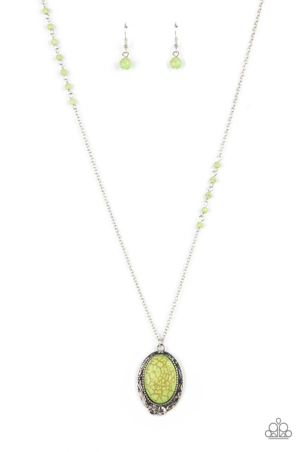 An oval Green Apple stone bead is set inside an ornate silver frame embossed in floral vine-like patterns. Small stones accent the lengthened silver chain creating a whimsical pendant. Features an adjustable clasp closure.