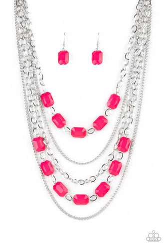A stunning collection of silver chains and shiny rectangular Raspberry Sorbet beads falls in layers across the chest for a glamorous standout statement. Features an adjustable clasp closure. 