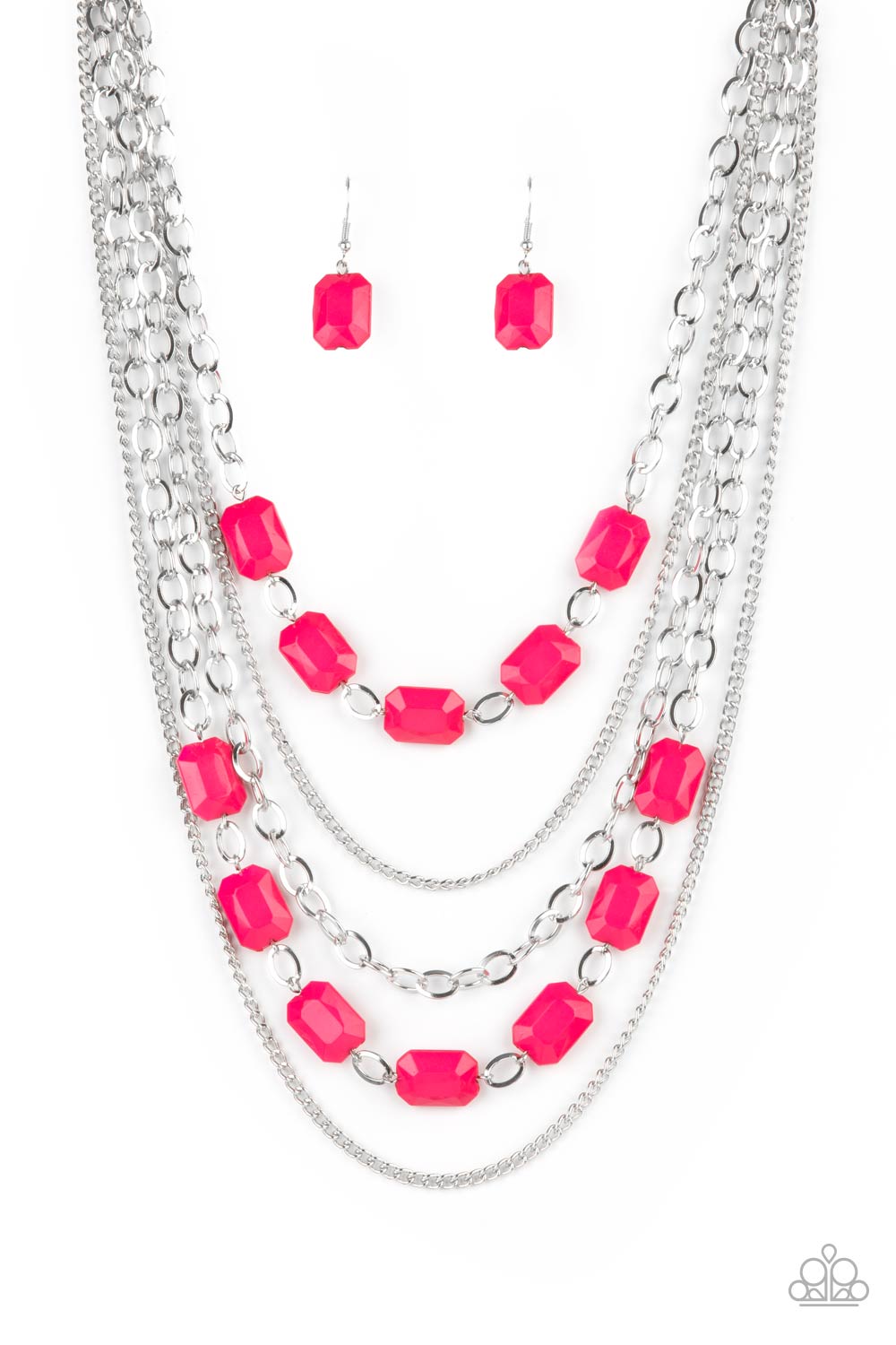 A stunning collection of silver chains and shiny rectangular Raspberry Sorbet beads falls in layers across the chest for a glamorous standout statement. Features an adjustable clasp closure. 