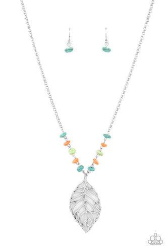 An airy lifelike silver leaf swings from the bottom of a multicolored stone dotted chain, creating a colorful seasonal pendant. Features an adjustable clasp closure.