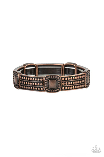 Featuring studded copper patterns, square and rectangular frames are threaded along stretchy bands around the wrist for a rustic flair.