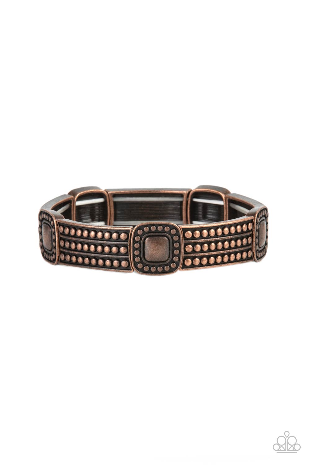 Featuring studded copper patterns, square and rectangular frames are threaded along stretchy bands around the wrist for a rustic flair.