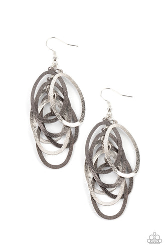 Featuring a hammered high sheen finish, flat silver and gunmetal ovals cascade from the ear, creating a flattering tassel. Earring attaches to a standard fishhook fitting.