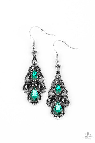 Embellished in mismatched green and hematite rhinestones, studded silver filigree swirls into an airy chandelier, creating a regal lure. Earring attaches to a standard fishhook fitting.