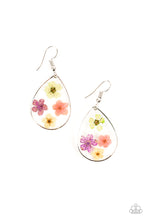 Load image into Gallery viewer, Dainty green, pink, purple, and yellow flowers are encased in a glassy teardrop, creating a whimsical frame. Earring attaches to a standard fishhook fitting.
