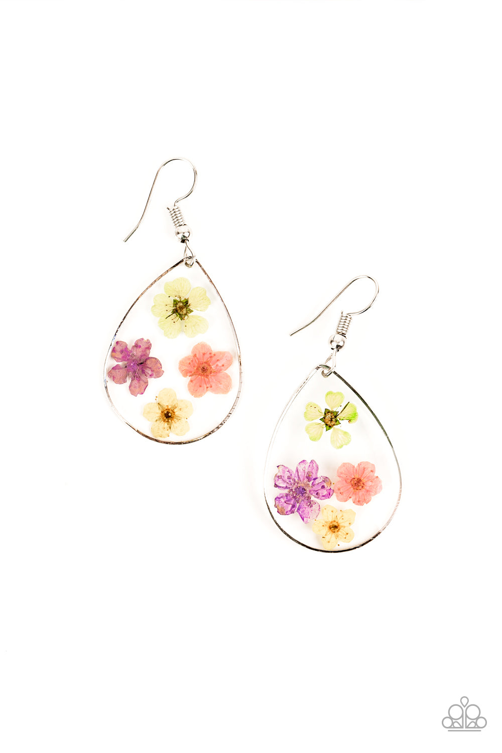 Dainty green, pink, purple, and yellow flowers are encased in a glassy teardrop, creating a whimsical frame. Earring attaches to a standard fishhook fitting.
