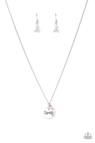 A dainty cluster of opaque pink beads delicately joins a shiny silver disc stamped in the word, 