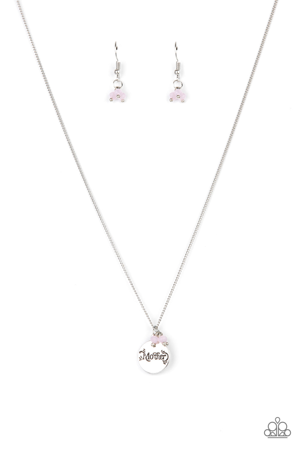 A dainty cluster of opaque pink beads delicately joins a shiny silver disc stamped in the word, 