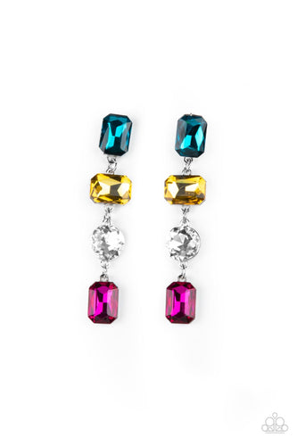A strand of oversized round, teardrop, and emerald cut blue, yellow, white, and pink rhinestones trickles from the ear, creating a jaw-dropping chandelier. Earring attaches to a standard post earring.