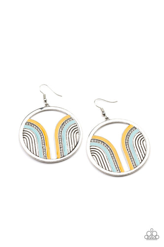 Infused with a glittery row of white rhinestones, shiny Cerulean and Illuminating arcs curve into juxtaposed frames inside a classic silver hoop, creating a colorful art deco inspired centerpiece. Earring attaches to a standard fishhook fitting.