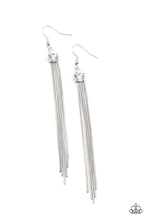 Load image into Gallery viewer, Dainty silver snake-like chains stream from the bottom of a glittery white rhinestone, creating a tapered tassel. Earring attaches to a standard fishhook fitting.

