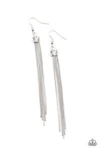 Dainty silver snake-like chains stream from the bottom of a glittery white rhinestone, creating a tapered tassel. Earring attaches to a standard fishhook fitting.