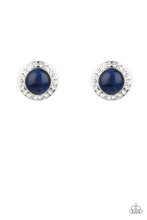 Load image into Gallery viewer,  A glowing blue cat&#39;s eye gem is encased in a round silver frame dotted with brilliant white rhinestones for a dazzling finish. Earring attaches to a standard post fitting.
