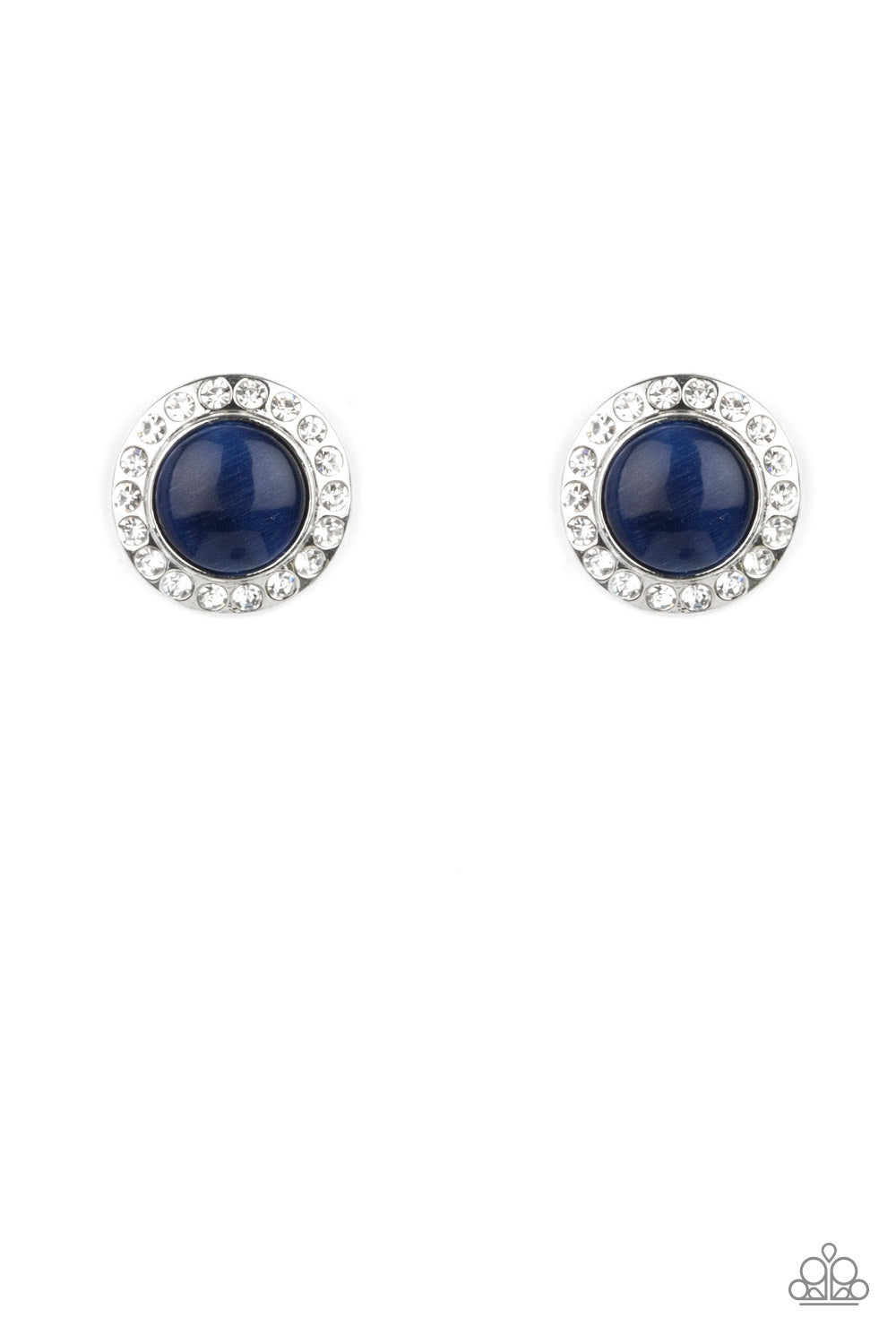  A glowing blue cat's eye gem is encased in a round silver frame dotted with brilliant white rhinestones for a dazzling finish. Earring attaches to a standard post fitting.