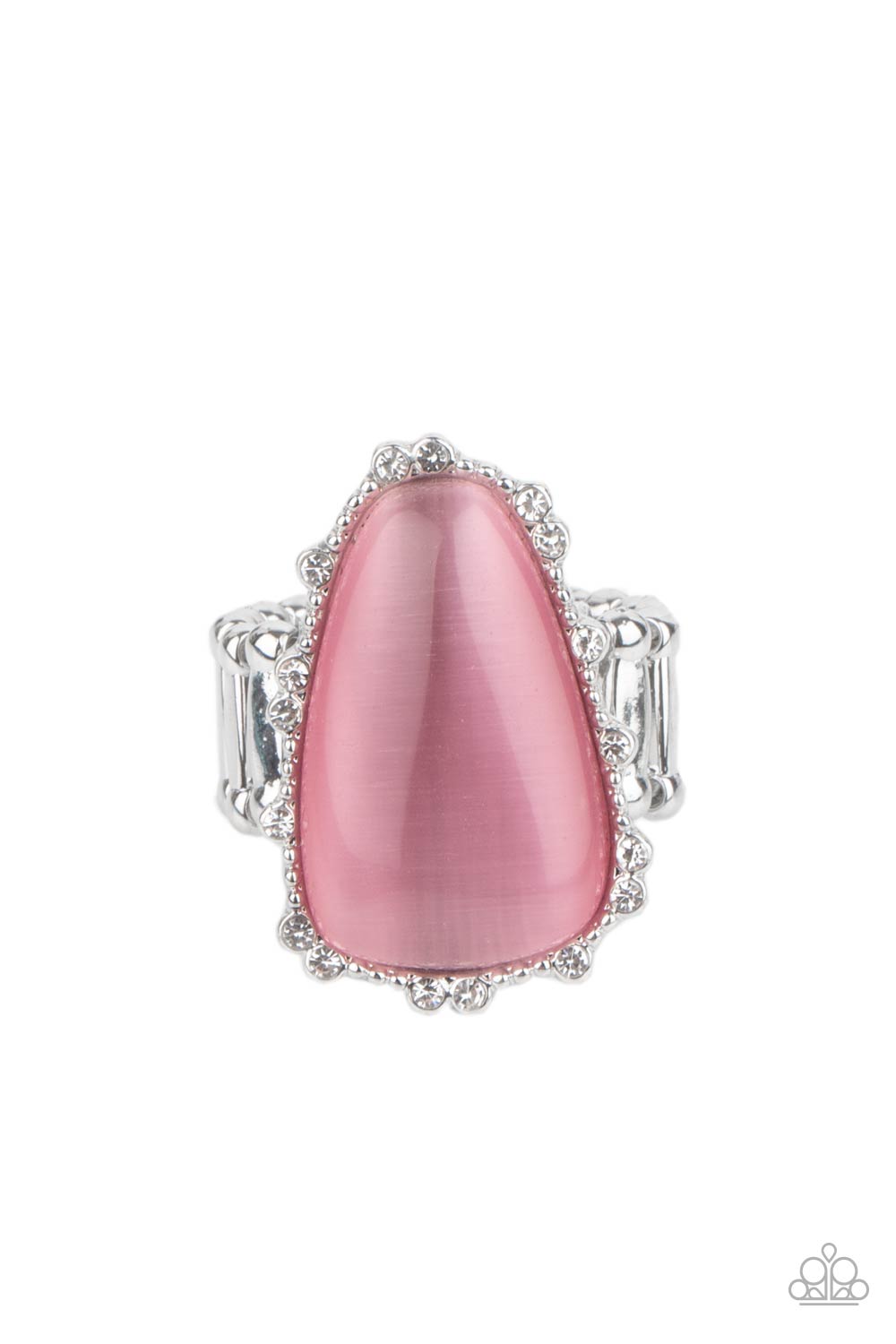 A tranquil asymmetrical pink cat's eye stone is encased in a delicately dotted shimmery silver frame. Dainty sparkly white rhinestones surround the oversized stone creating an elegant centerpiece atop the finger. Features a stretchy band for a flexible fit. 