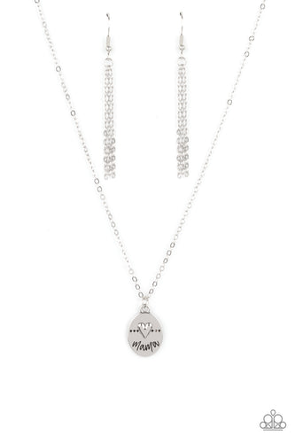 Embossed in a dainty silver heart, a dotted silver frame is stamped in the word, 