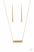 Load image into Gallery viewer, The word &quot;Family,&quot; is inscribed between symbolic life lines on a shining rectangular gold plate creating an affectionate keepsake on a dainty gold chain below the collar. Features an adjustable clasp closure.
