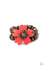 Load image into Gallery viewer, Featuring heart-shaped petals, a bright red wooden flower sits atop double strands of wooden beads threaded along stretchy bands for a tropical flair atop the wrist. 
