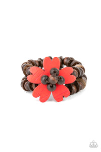 Featuring heart-shaped petals, a bright red wooden flower sits atop double strands of wooden beads threaded along stretchy bands for a tropical flair atop the wrist. 