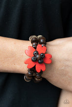 Load image into Gallery viewer, Featuring heart-shaped petals, a bright red wooden flower sits atop double strands of wooden beads threaded along stretchy bands for a tropical flair atop the wrist. 
